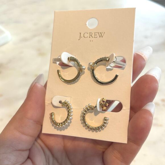 NWT J. Crew Pearl and Gold Hoops Set of 2 - Picture 6 of 6